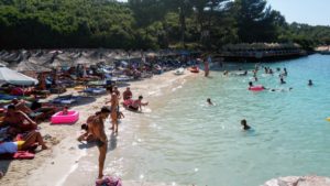 A view overlooking the overcrowded Lori Beach in Ksamil, Albania