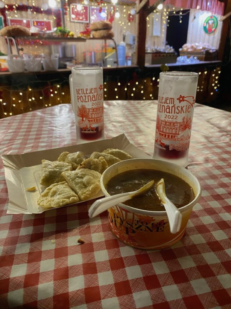 Fried pierogis, soup and gluhwein